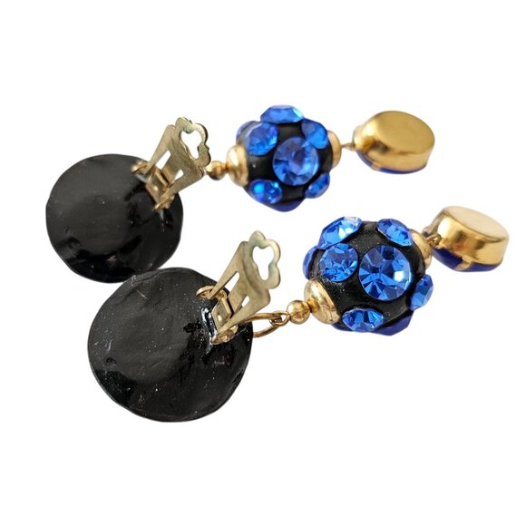 Vintage Blue Clip-On Rhinestone Ball Statement Dangle Earrings - Picture 5 of 8